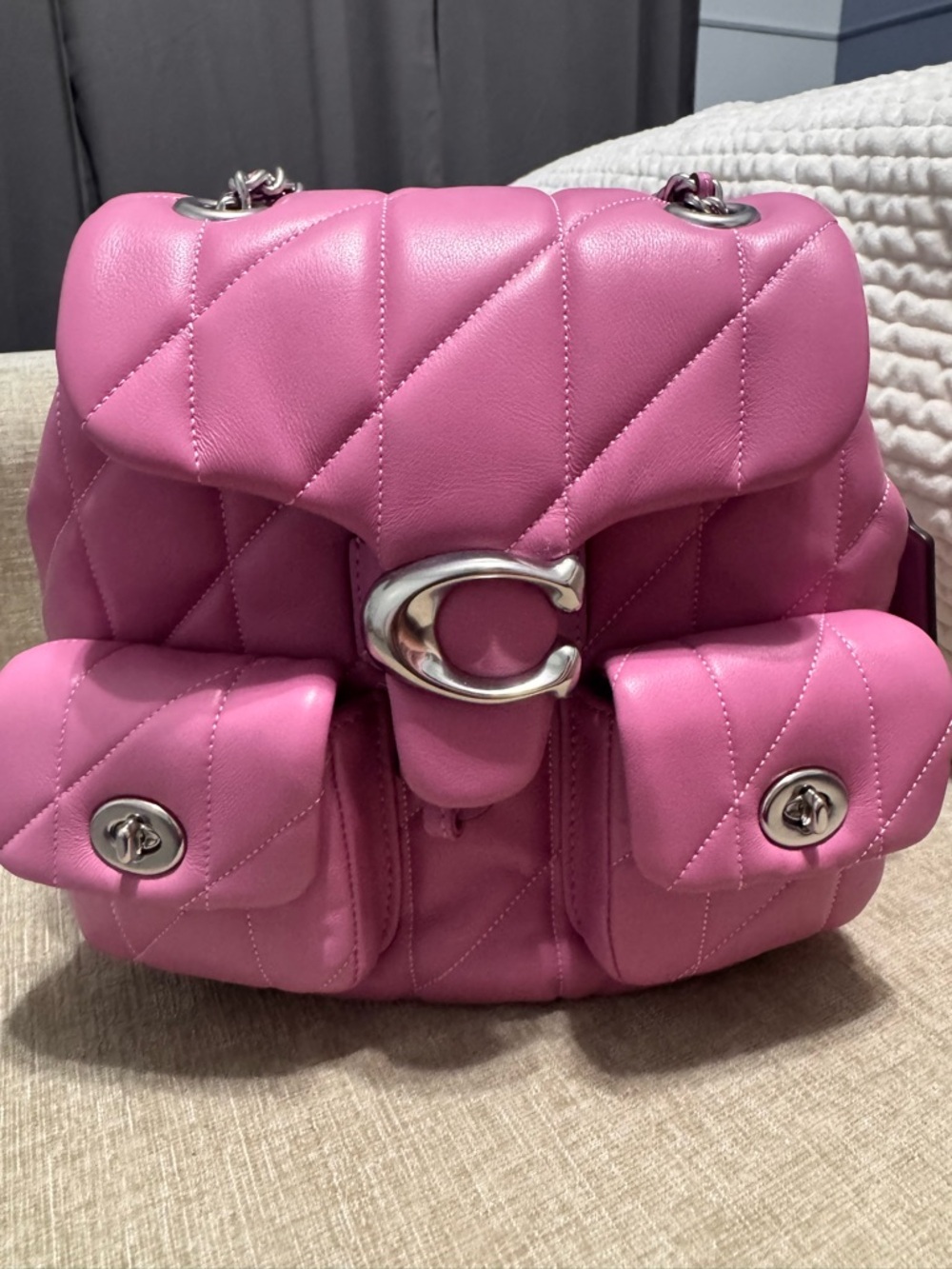 Coach Pink Tabby Quilted Leather Backpack with Silver 'C' Logo